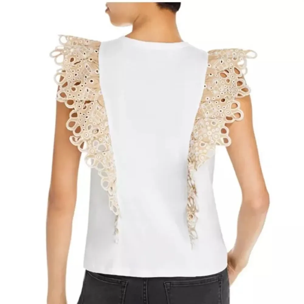 Veronica Beard Jadi Ruffled White Tan T-Shirt size small